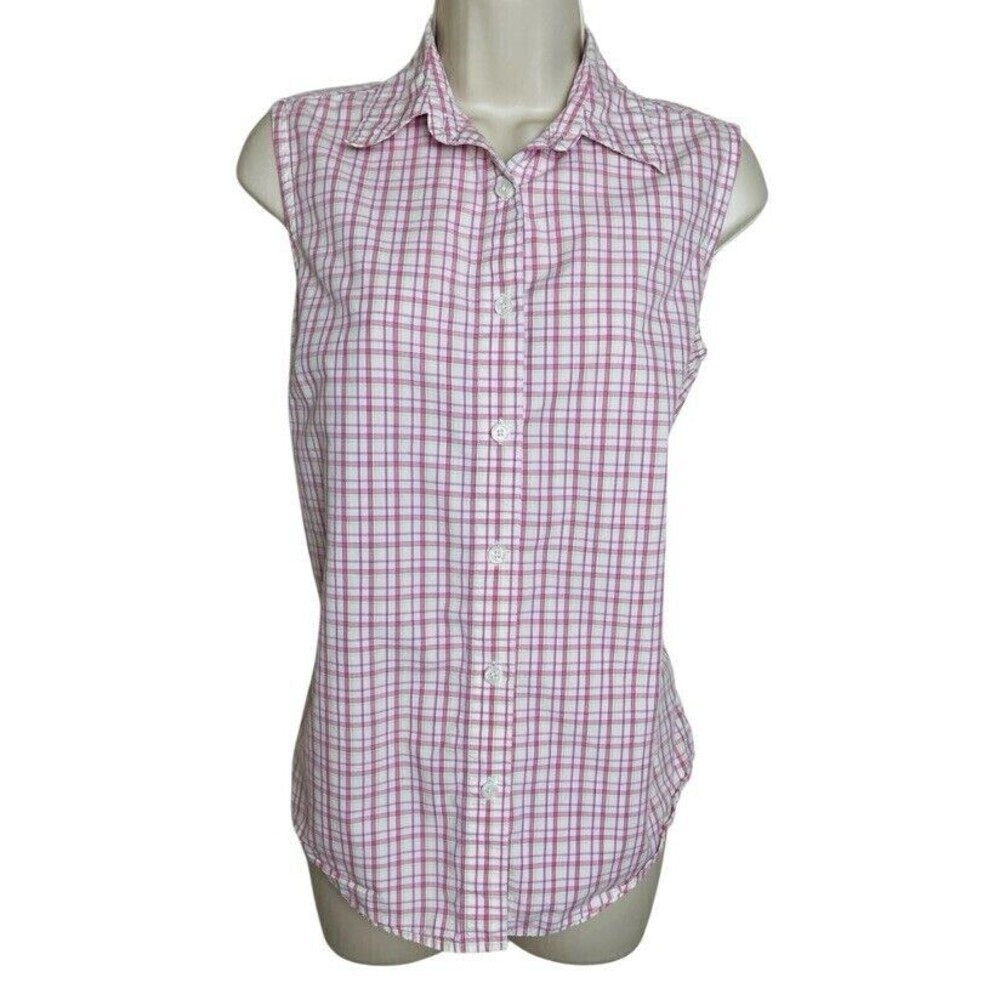 VINTAGE L L Bean Shirt Womens Small Medium Pink Button Down Tank Top Checkered